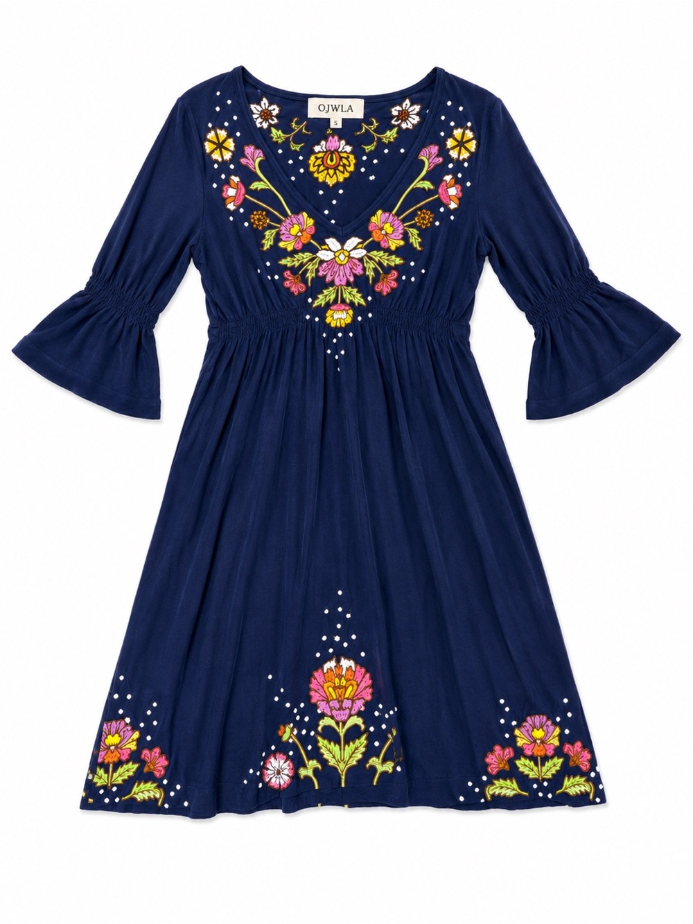 OJWLA Small Navy Floral Embroidered Boho Dress Bell Sleeve Festival Dress